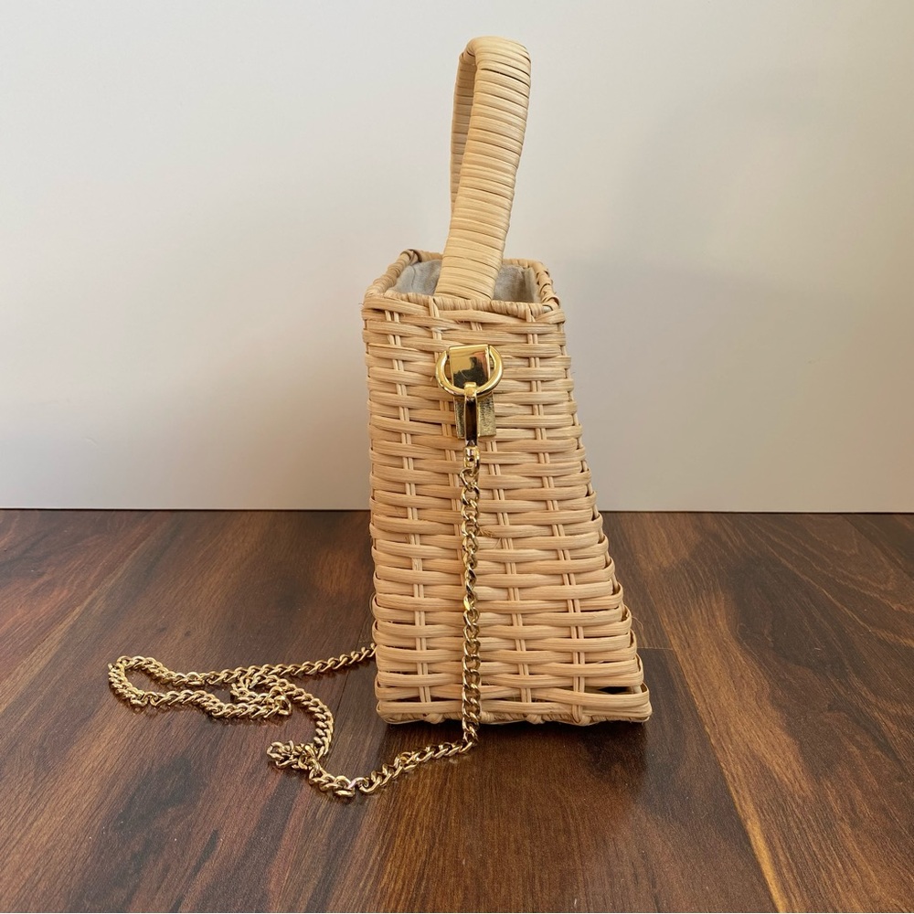 Zara Woven Raffia Straw Structured Handbag with Gold Chain Drawstring Linen - Picture 5 of 13
